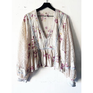 Free People Boogie All Night Printed Blouse Women's L Cream